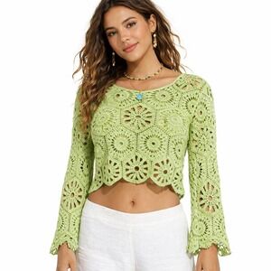 Rebellion Hippie Crochet Crop Top Lime Green Floral Medallion 100% Cotton Size M